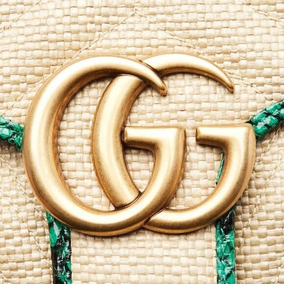 Gucci Natural Raffia and Green Snakeskin GG Marmont Small Matelasse Shoulder Bag - Picture 4 of 11